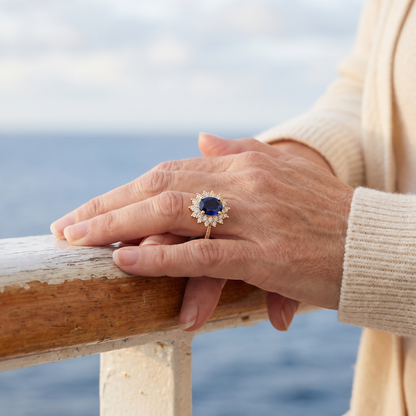 Sapphire-Blue Oval Halo Gold Ring – worn
