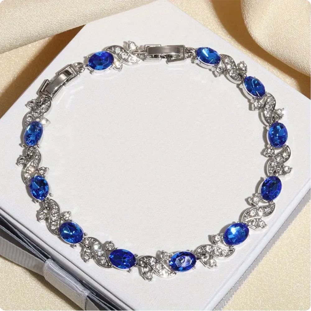 Sapphire-Blue Oval Leaf Silver-Tone Bracelet