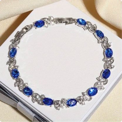 Sapphire-Blue Oval Leaf Silver-Tone Bracelet