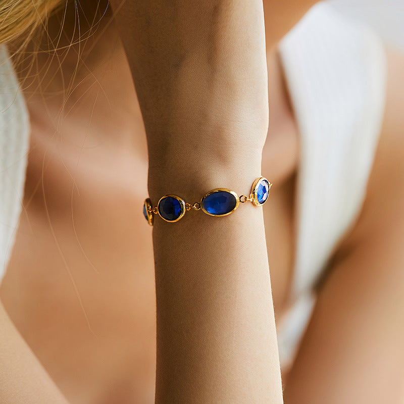 Sapphire-Blue Oval Link Gold Bracelet – view 2