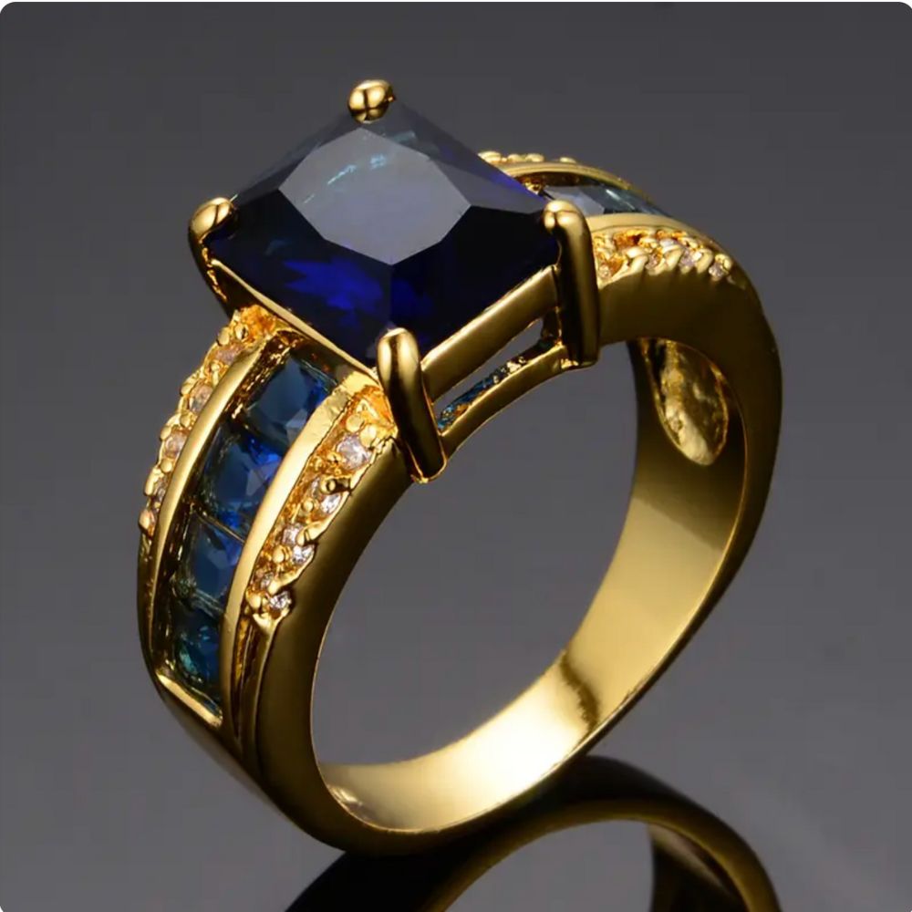 Sapphire-Blue Rectangle Statement Gold Ring