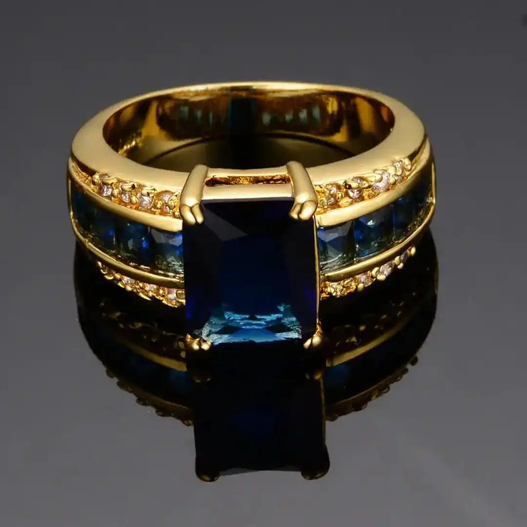 Sapphire-Blue Rectangle Statement Gold Ring – view 2
