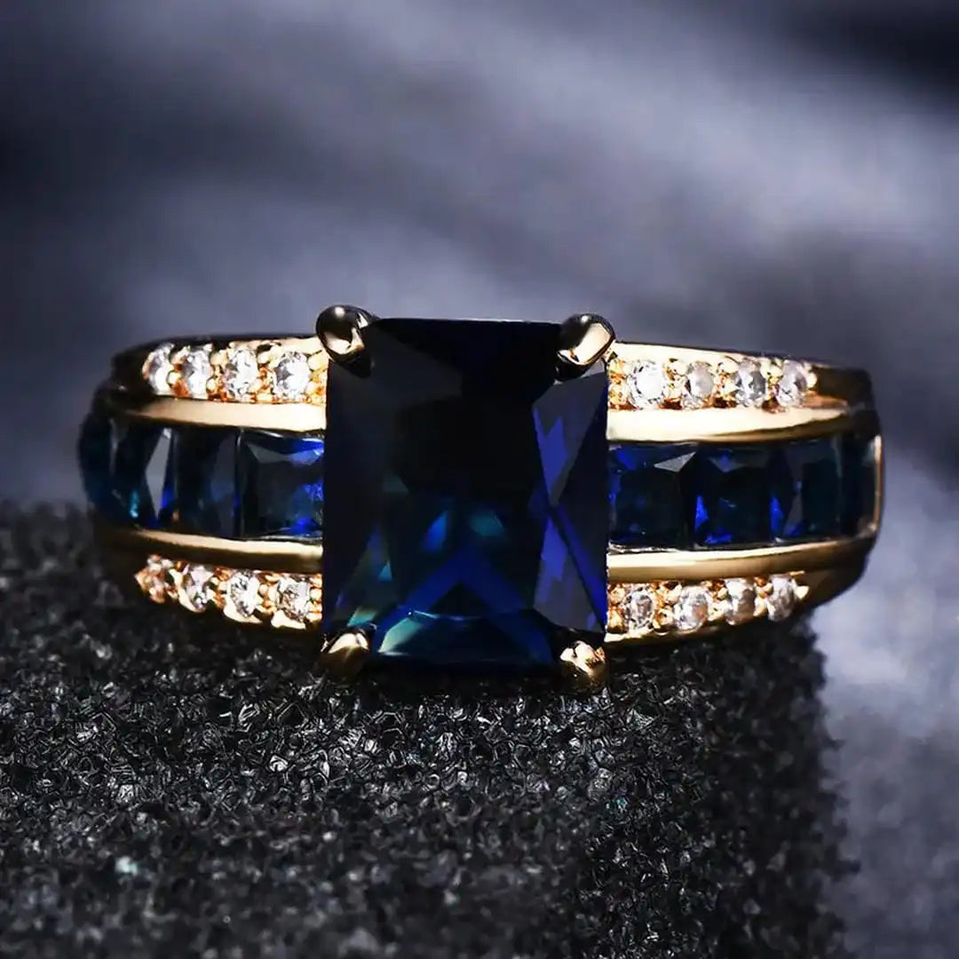 Sapphire-Blue Rectangle Statement Gold Ring – view 3