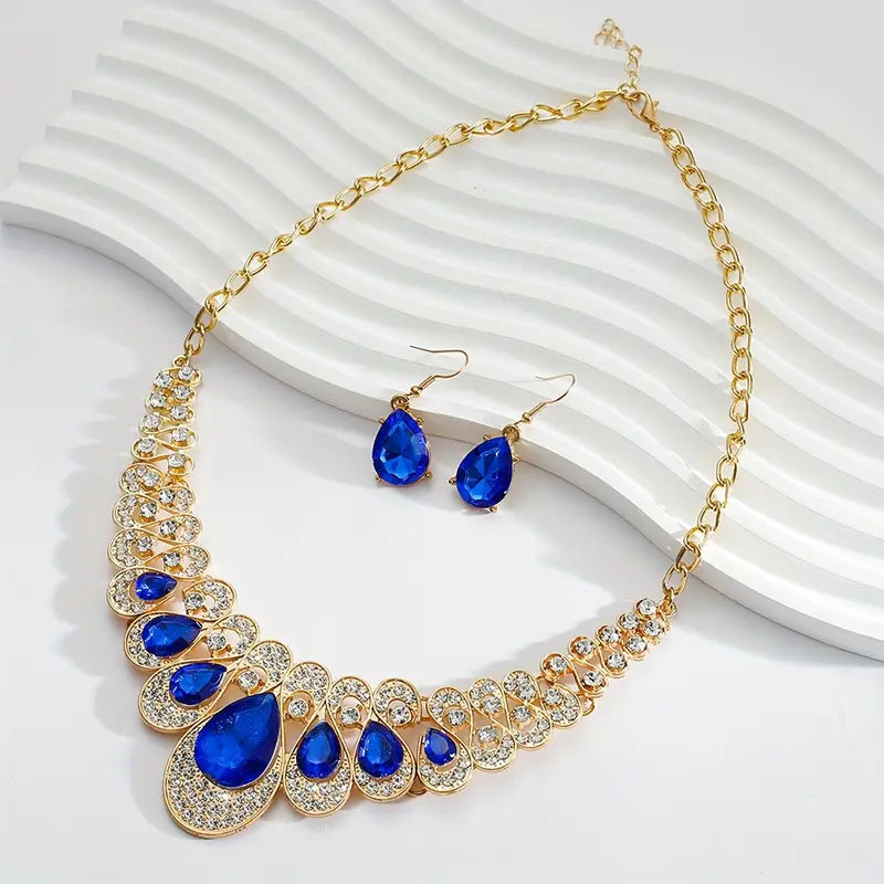 Sapphire-Blue Statement Gold Necklace Set