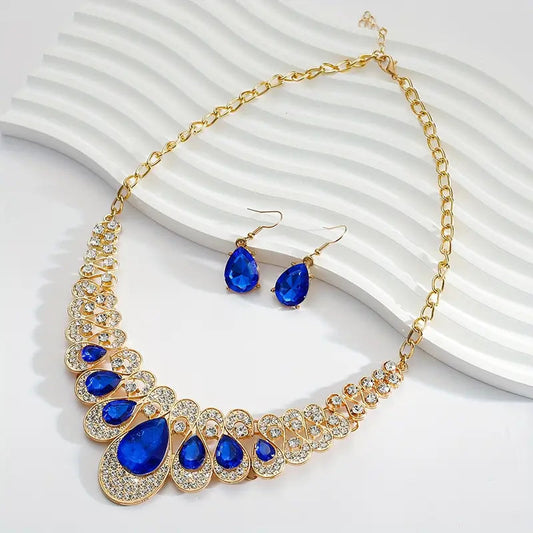 Sapphire-Blue Statement Gold Necklace Set