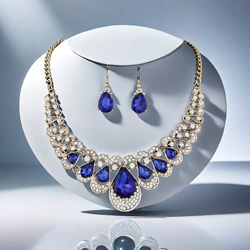 Sapphire-Blue Statement Gold Necklace Set – view 2