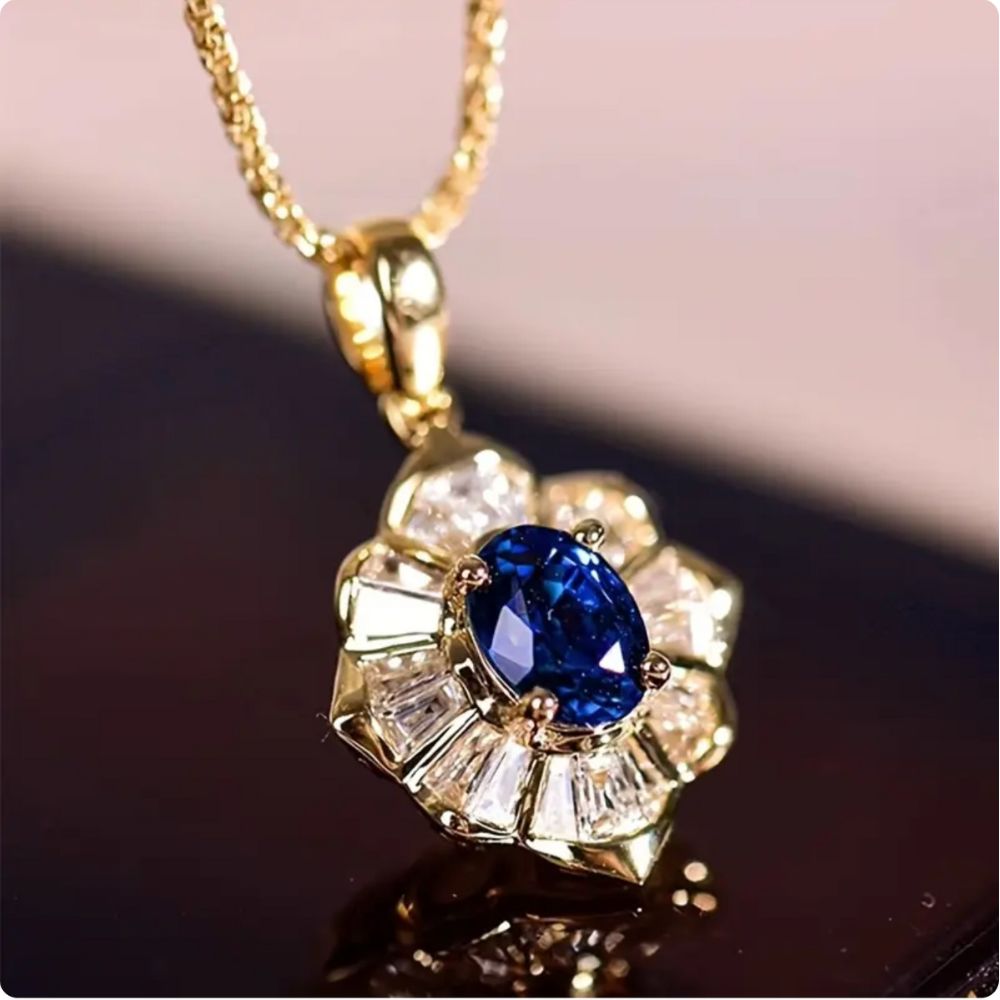 Sapphire-Blue Sunburst Pendant Gold Necklace