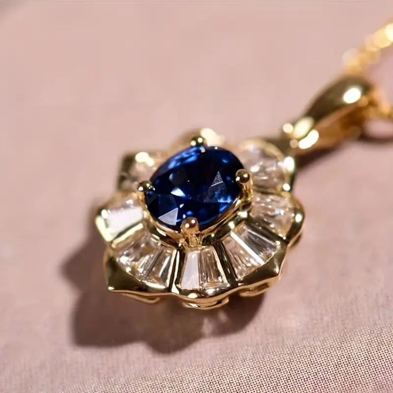 Sapphire-Blue Sunburst Pendant Gold Necklace – view 2