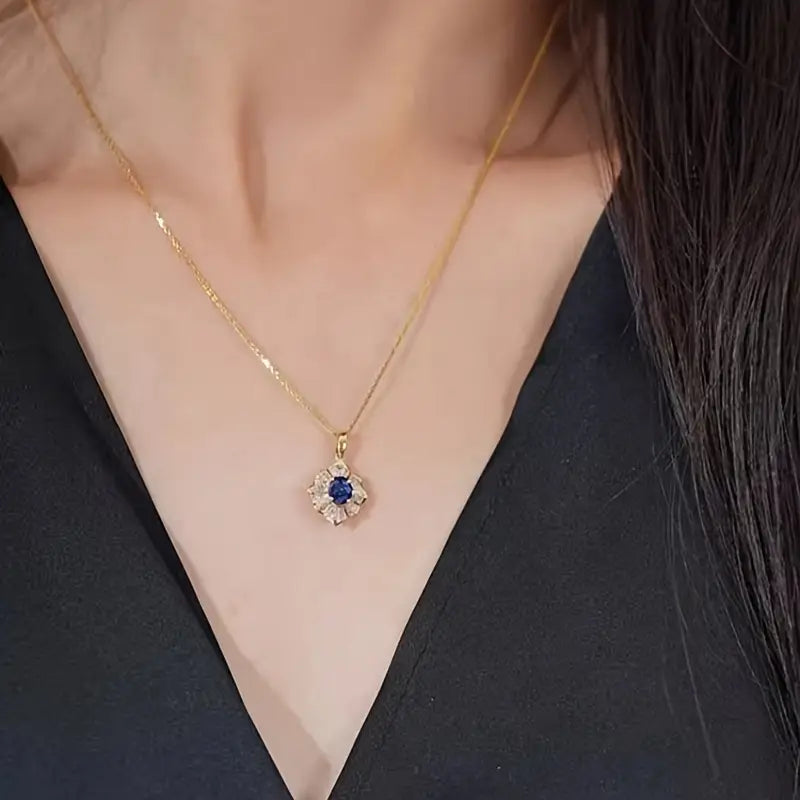 Sapphire-Blue Sunburst Pendant Gold Necklace – view 3