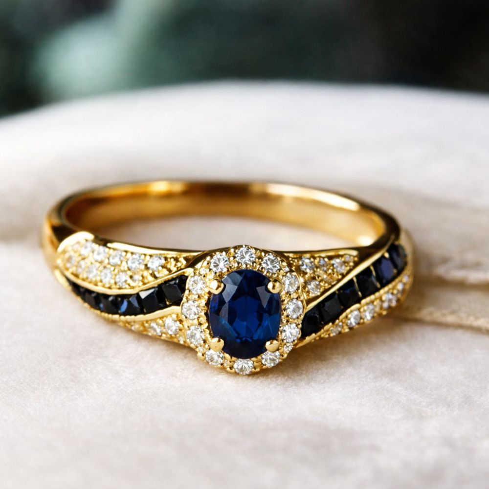 Sapphire-Blue Swirl Halo Gold Ring