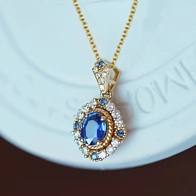 Sapphire-Blue Vintage Oval Pendant Gold Necklace