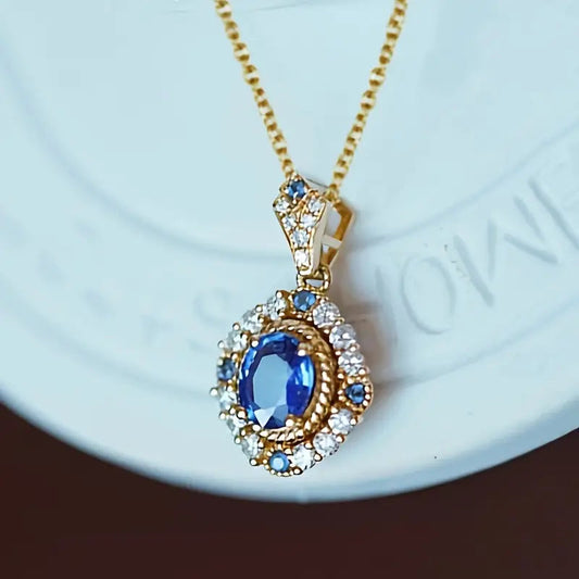 Sapphire-Blue Vintage Oval Pendant Gold Necklace