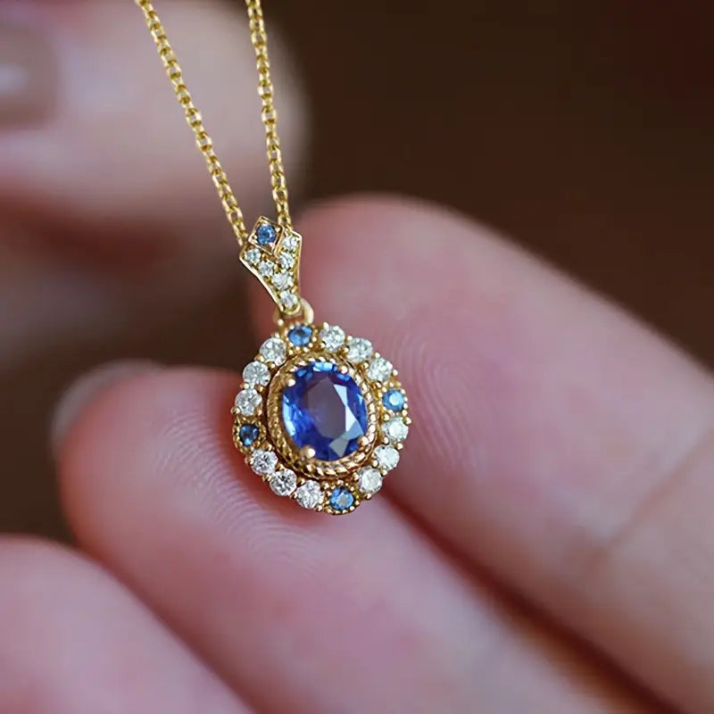 Sapphire-Blue Vintage Oval Pendant Gold Necklace – view 2