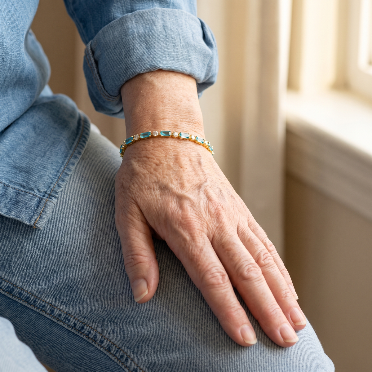 Turquoise Baguette Tennis Gold Bracelet – worn