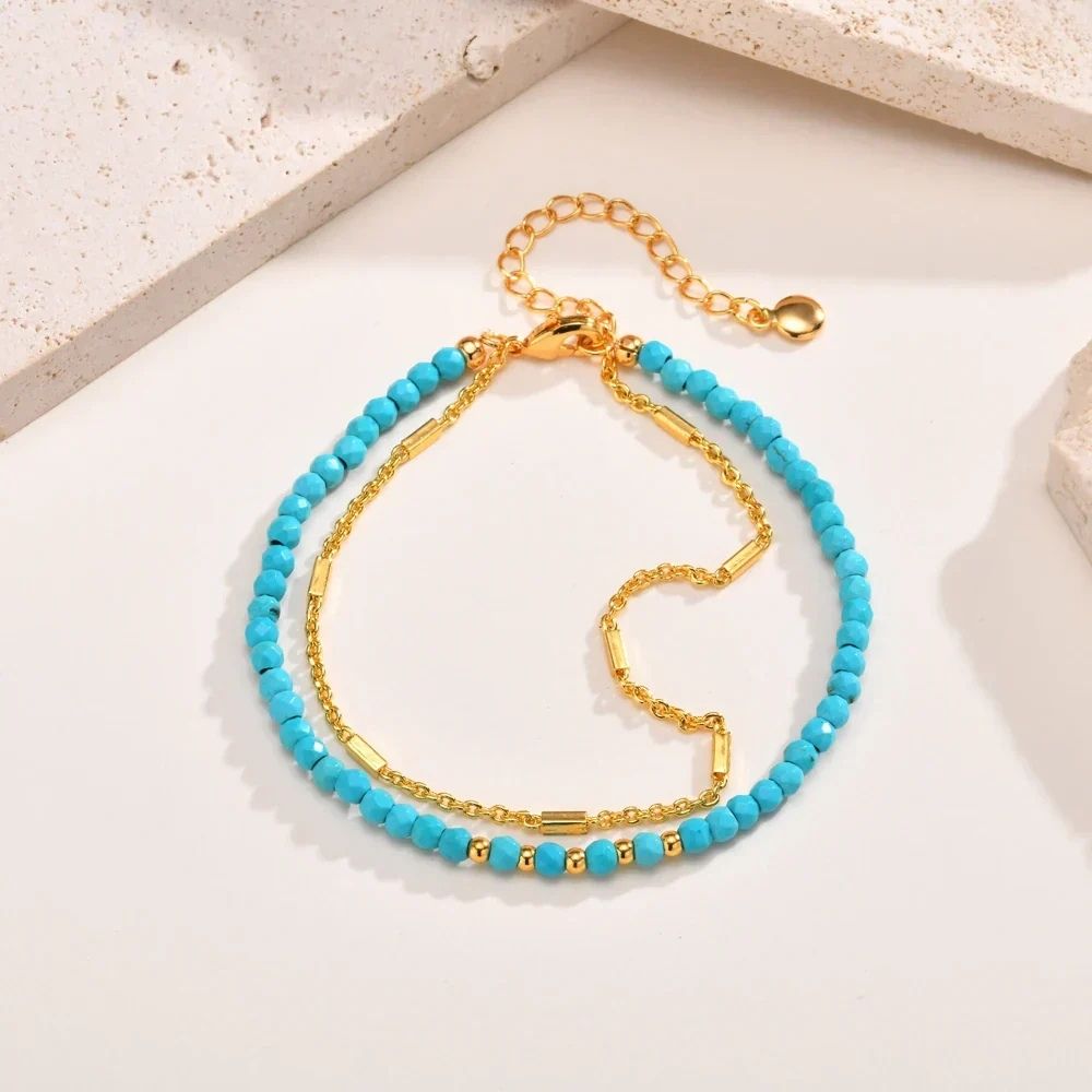 Turquoise Bead Double-Strand Gold Bracelet