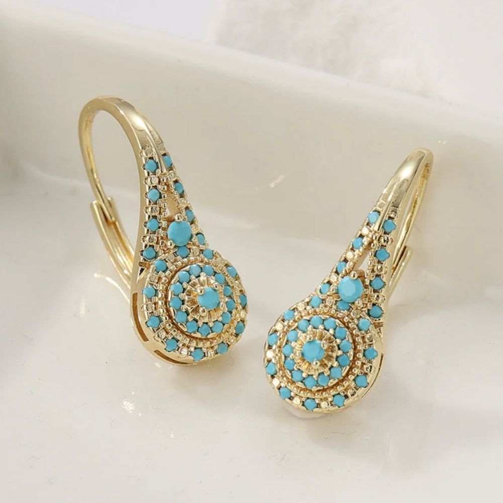 Turquoise Cluster Gold Drop Earrings – view 2