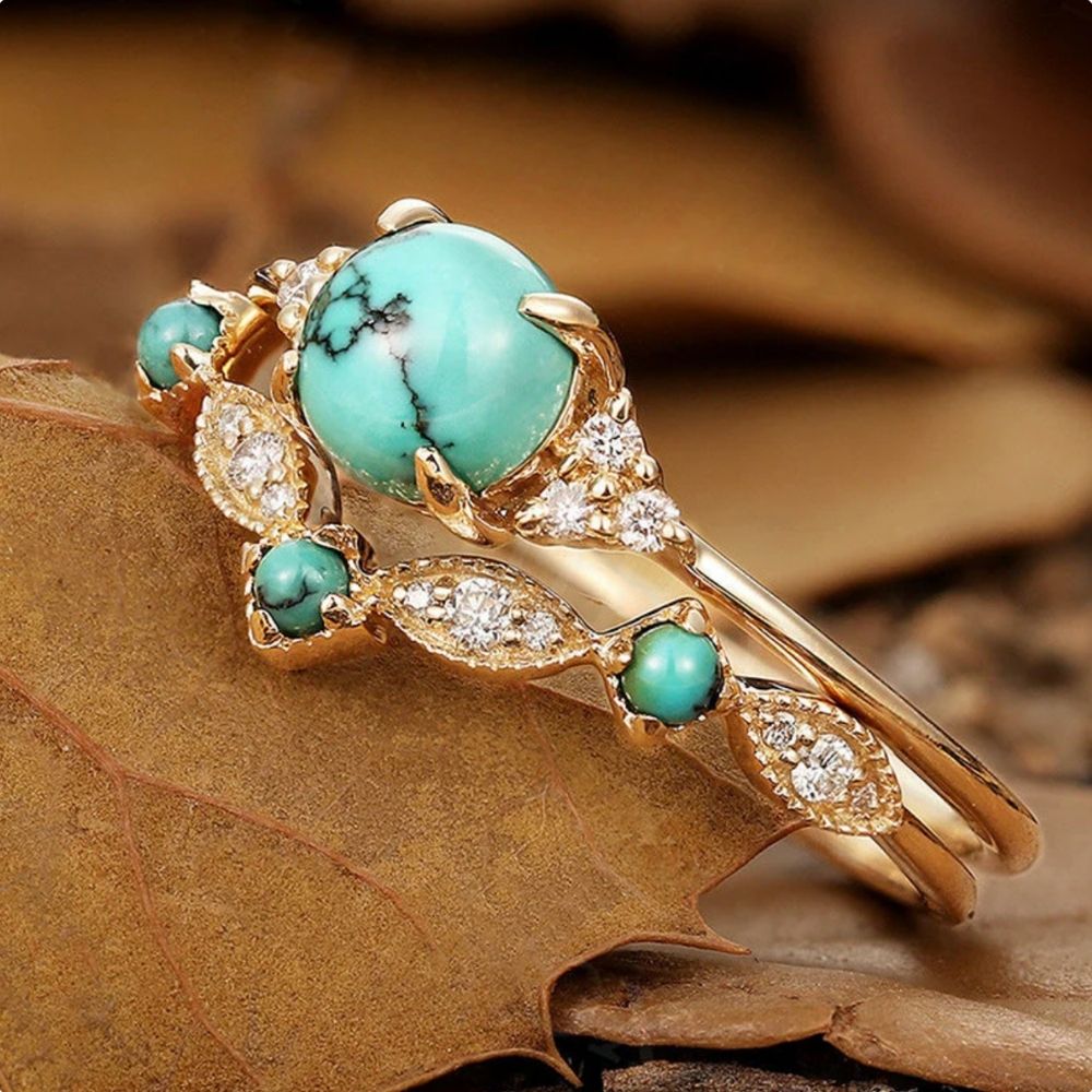 Turquoise Crown Gold Ring Set