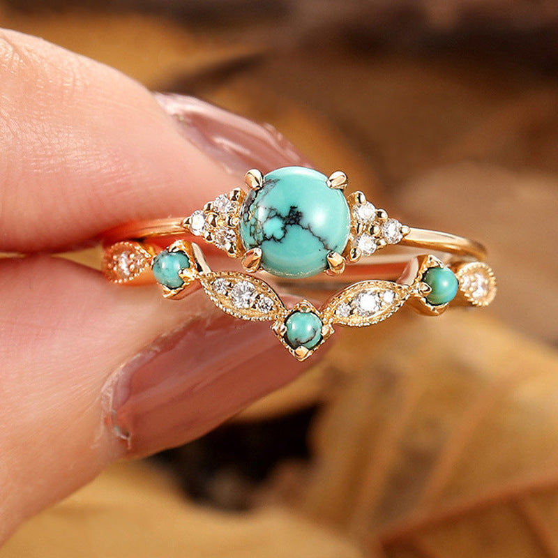 Turquoise Crown Gold Ring Set – view 2