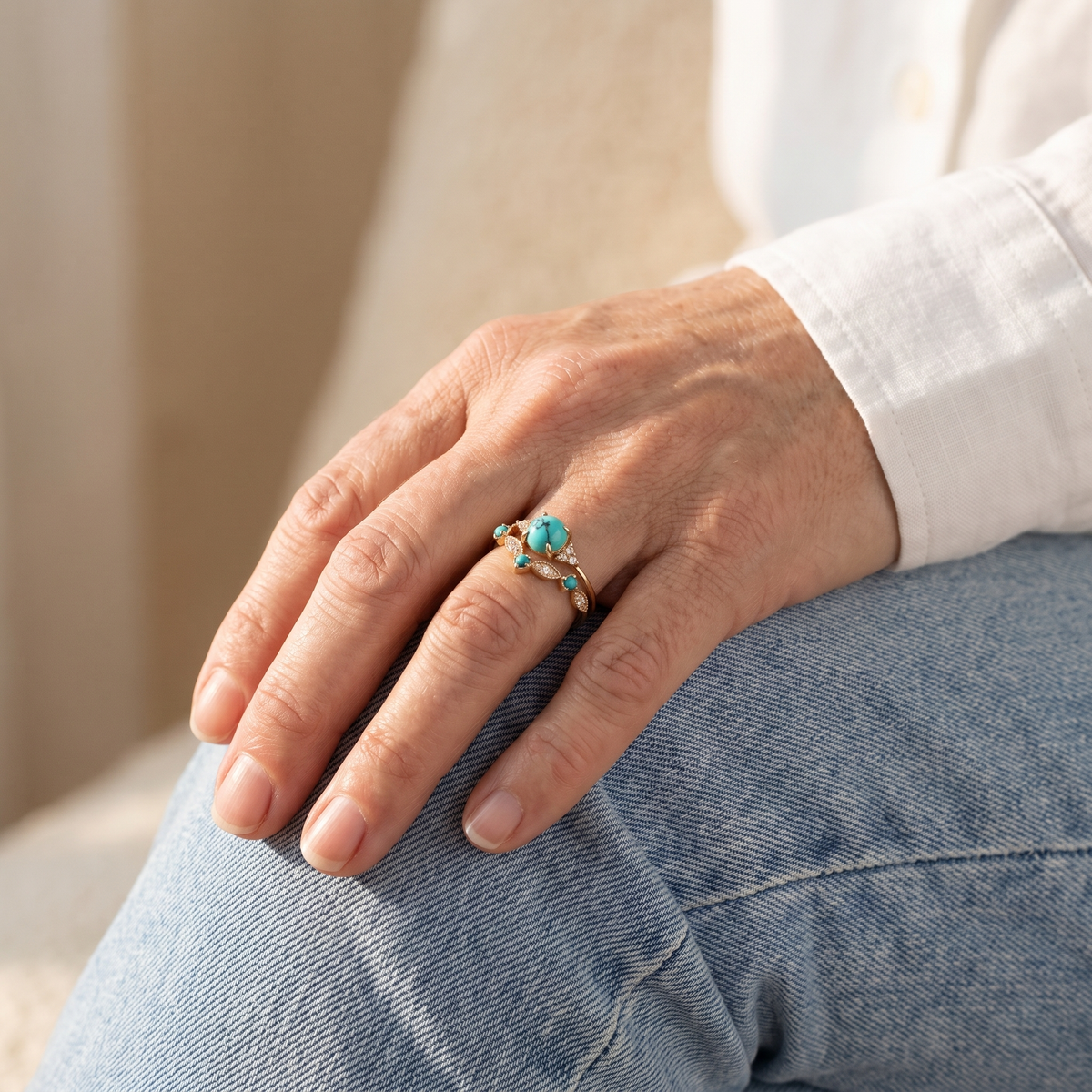 Turquoise Crown Gold Ring Set – worn