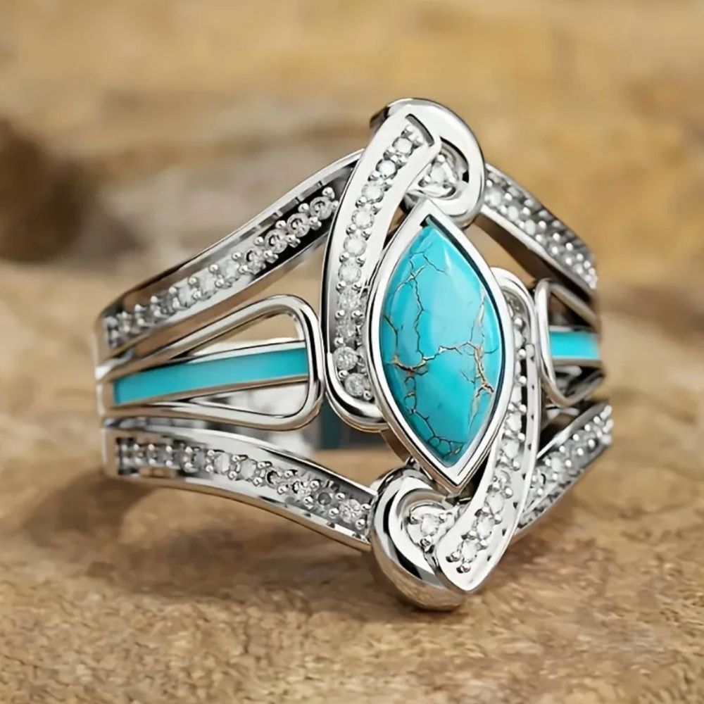 Turquoise Marquise Statement Silver-Tone Ring