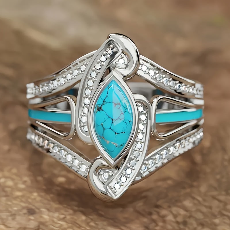 Turquoise Marquise Statement Silver-Tone Ring – view 2