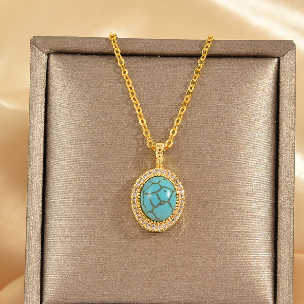 Turquoise Oval Halo Gold Pendant Necklace