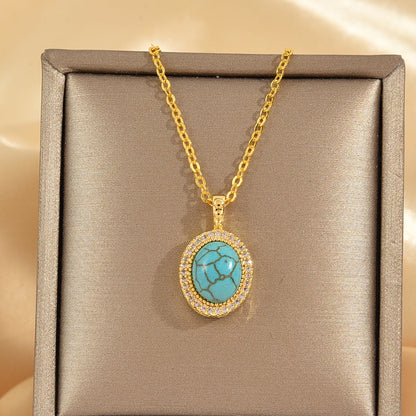 Turquoise Oval Halo Gold Pendant Necklace