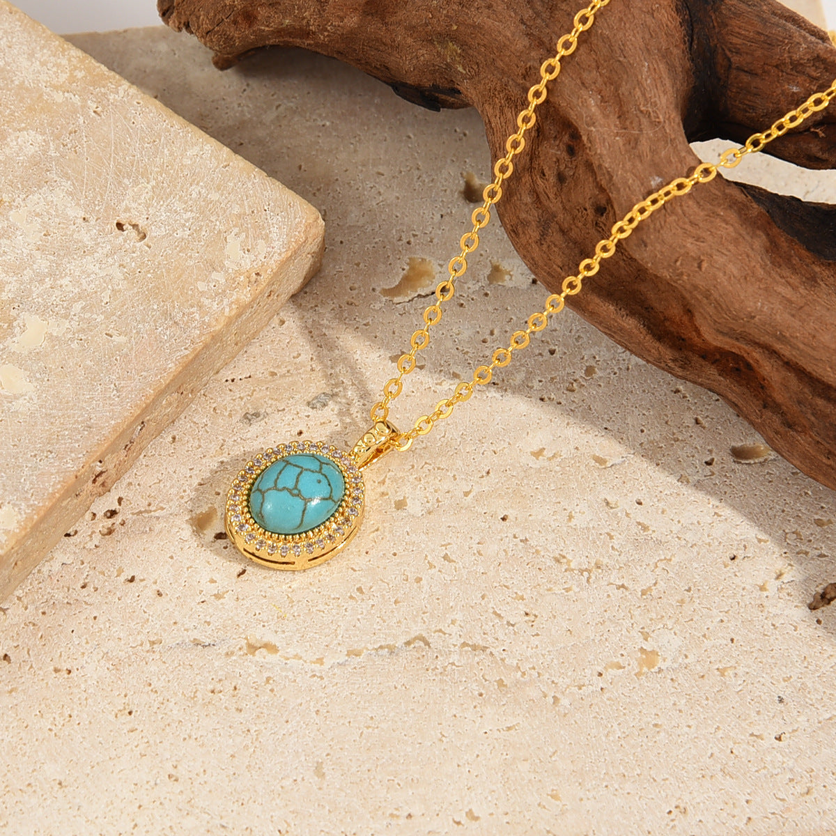 Turquoise Oval Halo Gold Pendant Necklace – view 2
