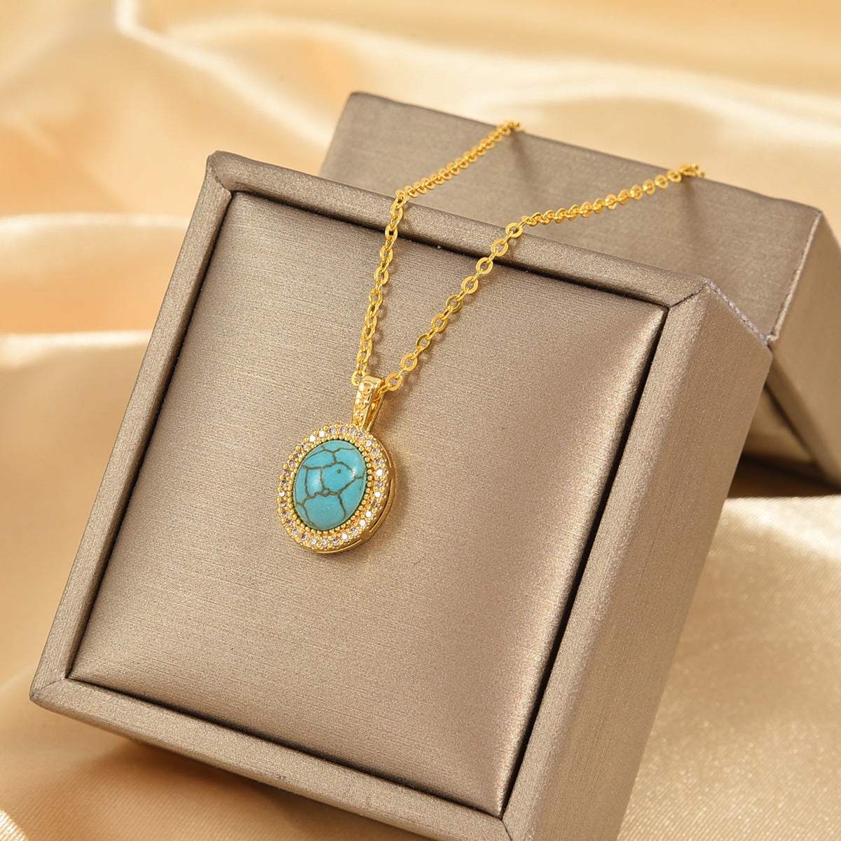 Turquoise Oval Halo Gold Pendant Necklace – view 3