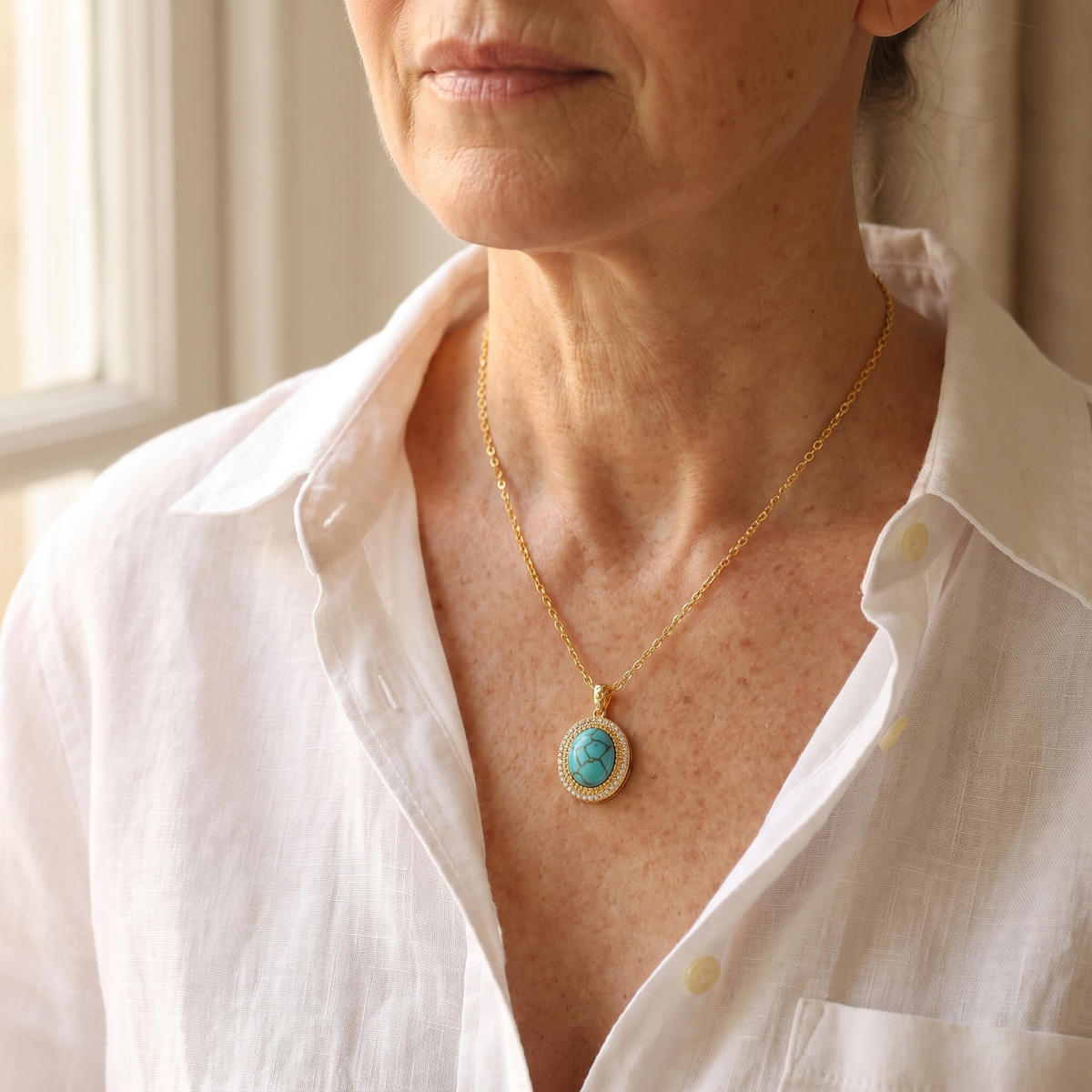 Turquoise Oval Halo Gold Pendant Necklace – worn