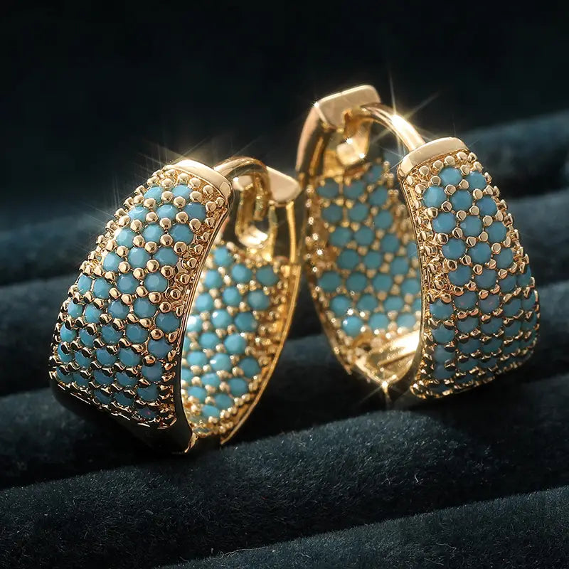 Turquoise Pave Gold Huggie Earrings