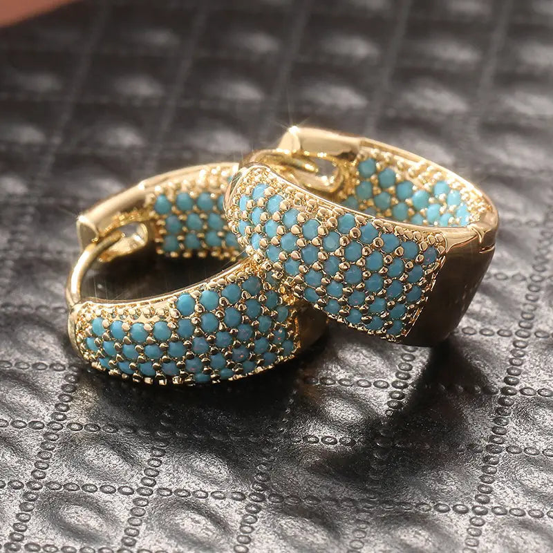 Turquoise Pave Gold Huggie Earrings – view 2