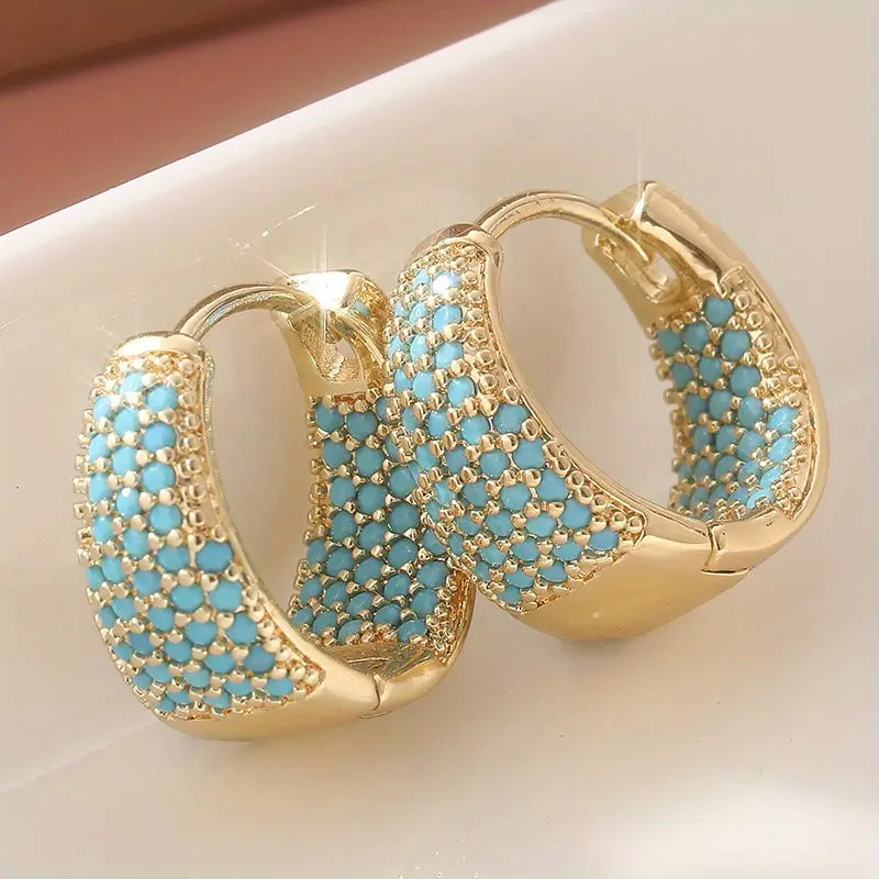 Turquoise Pave Gold Huggie Earrings – view 3