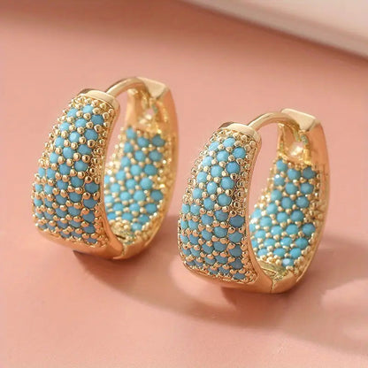 Turquoise Pave Gold Huggie Earrings – view 4