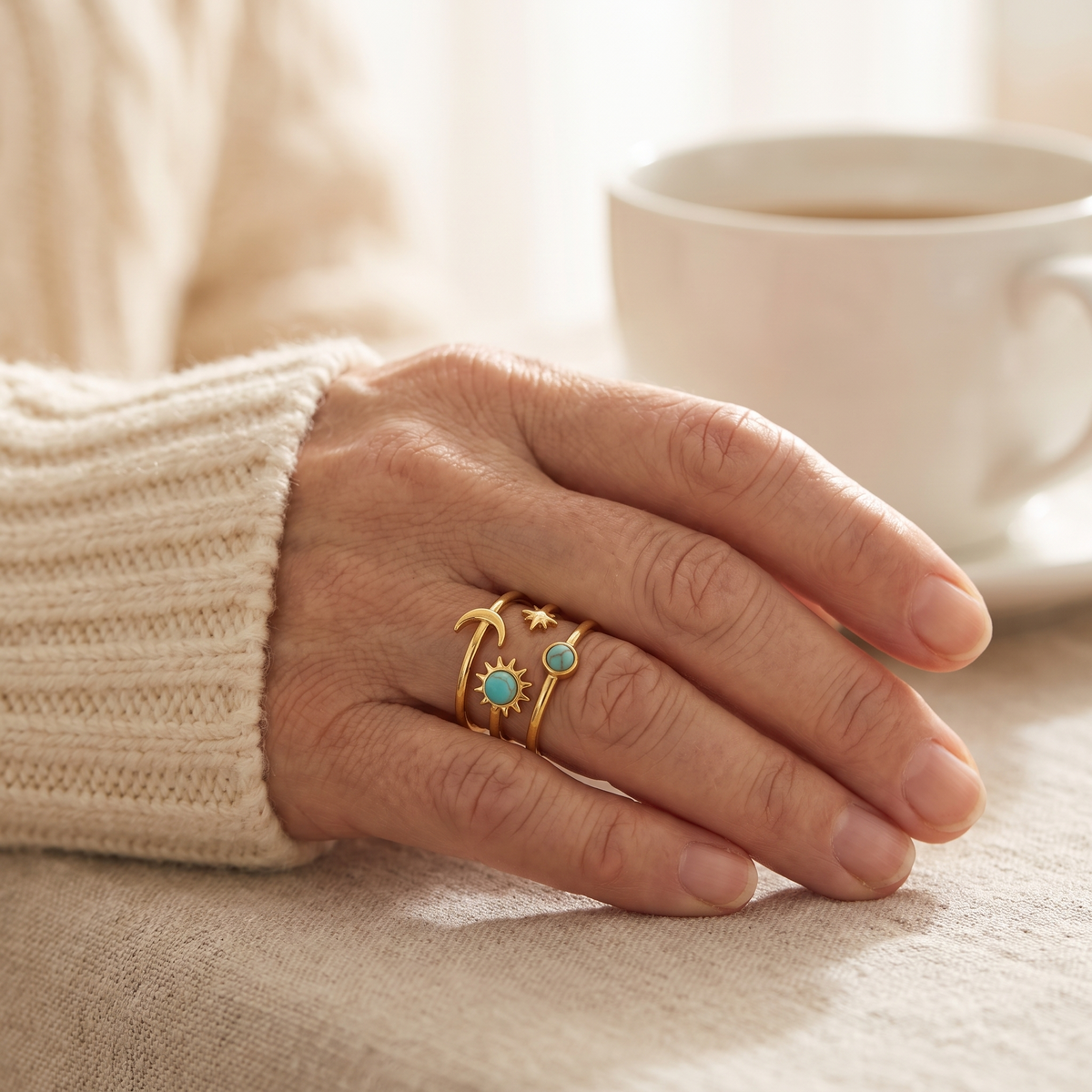 Turquoise Sun and Moon Gold Ring – worn