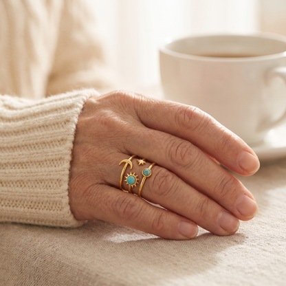 Turquoise Sun and Moon Gold Ring – worn