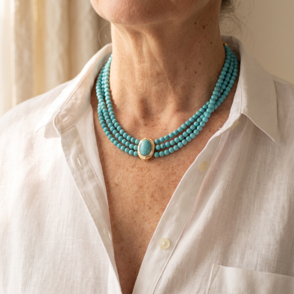 Turquoise Triple-Strand Gold Necklace – worn