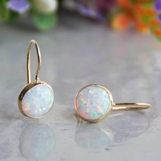 White Opal Gold Drop Earrings