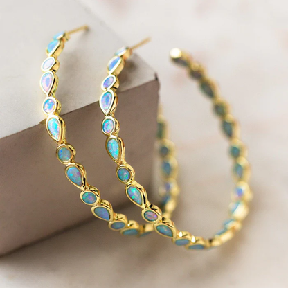 Blue Opal Gold Hoop Earrings
