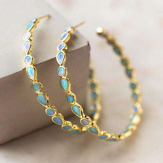 Blue Opal Gold Hoop Earrings