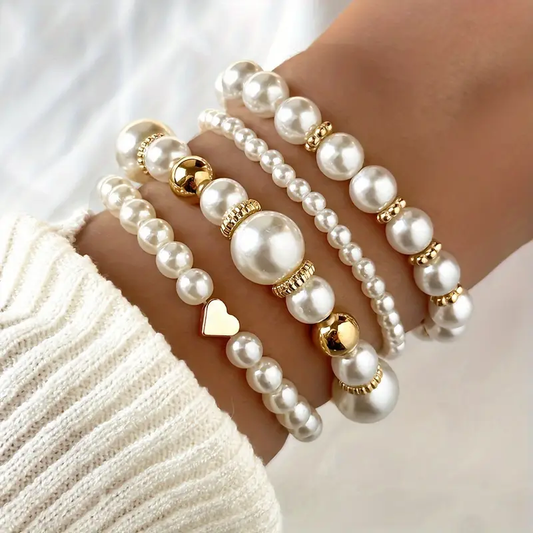 Layered Pearl Gold Bracelet Set